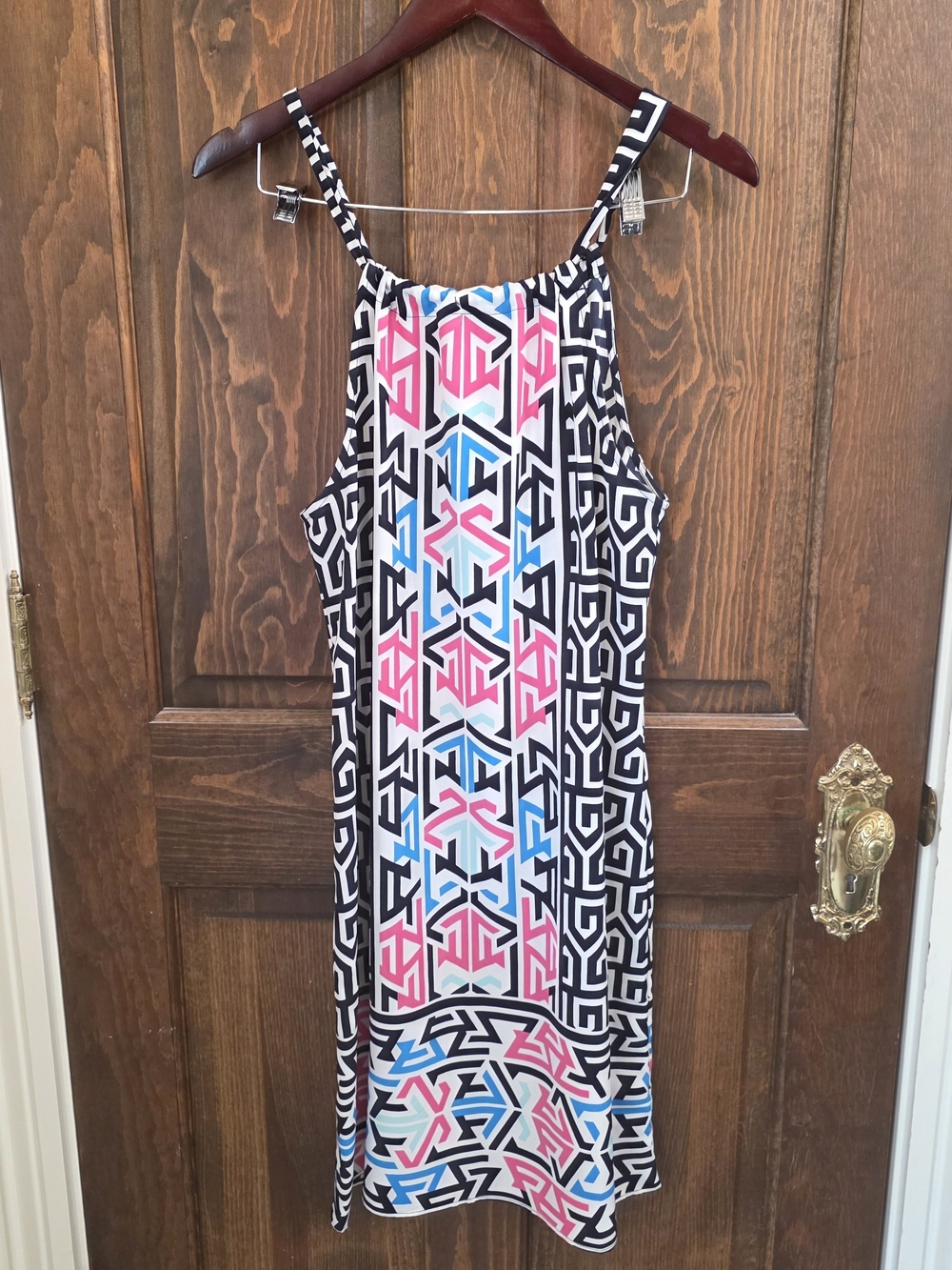 crown & ivy Geometric Print Midi Dress in Black, White, Pink & Blue